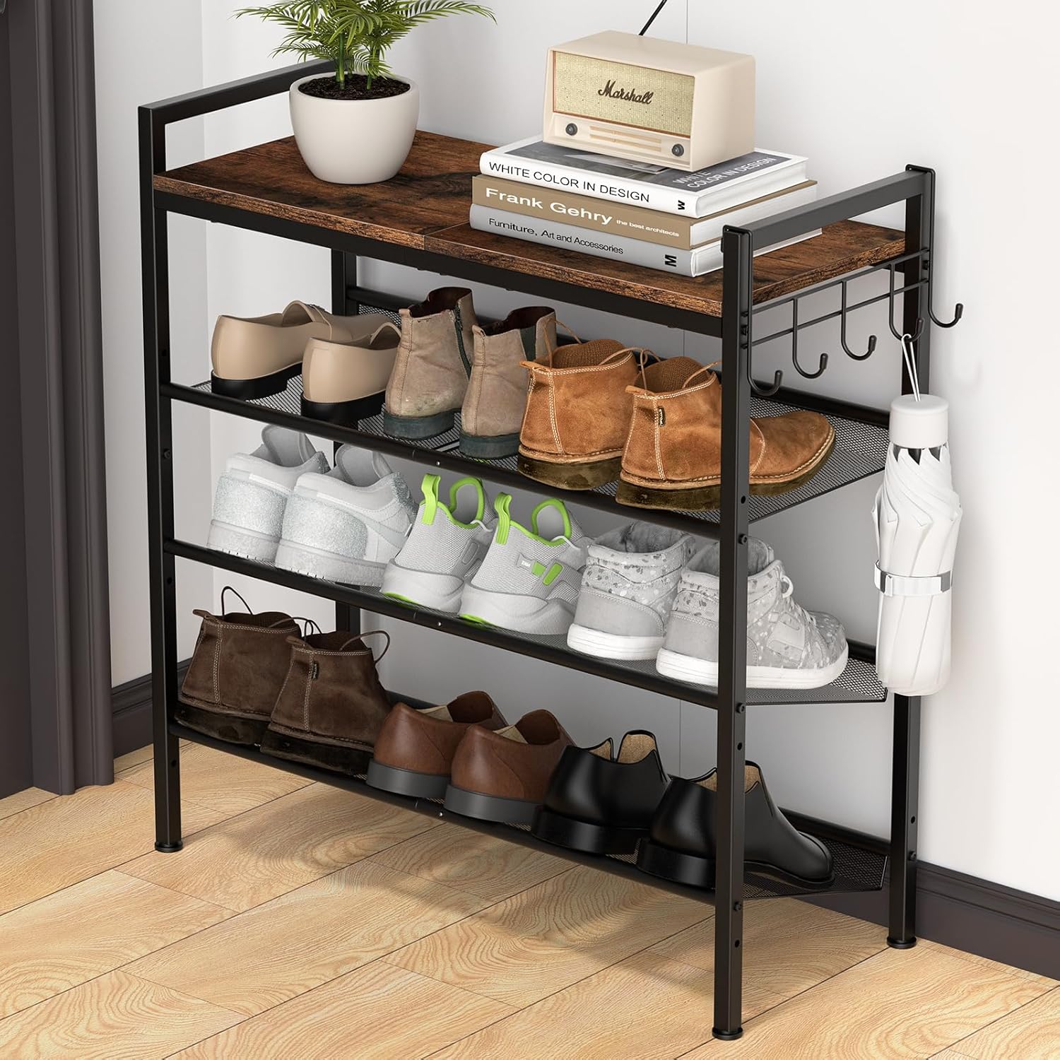 Height-Adjustable Metal Shoe Rack with Wooden Top, 4 Tier - Tiltable Shelves and Hook