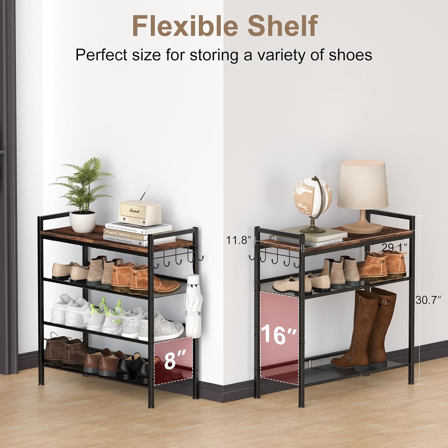 Height-Adjustable Metal Shoe Rack with Wooden Top, 4 Tier - Tiltable Shelves and Hook