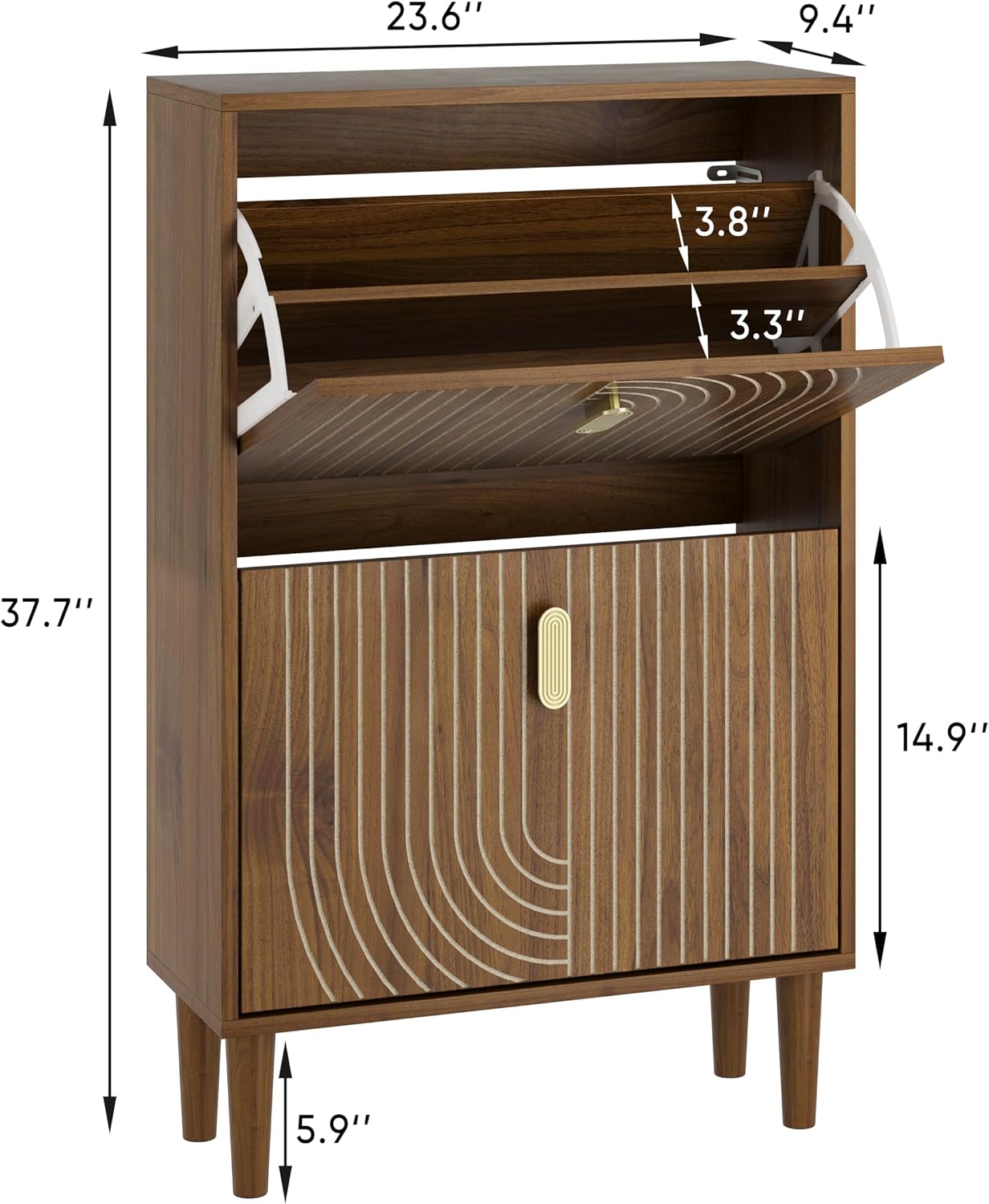 Shoe Cabinet with 2 Flip Drawers, 23.6 in - Walnut with Line Groove Front