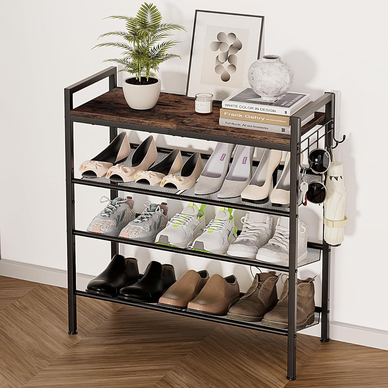 4-Tier Shoe Rack with Adjustable Mesh Shelves and Side Hooks