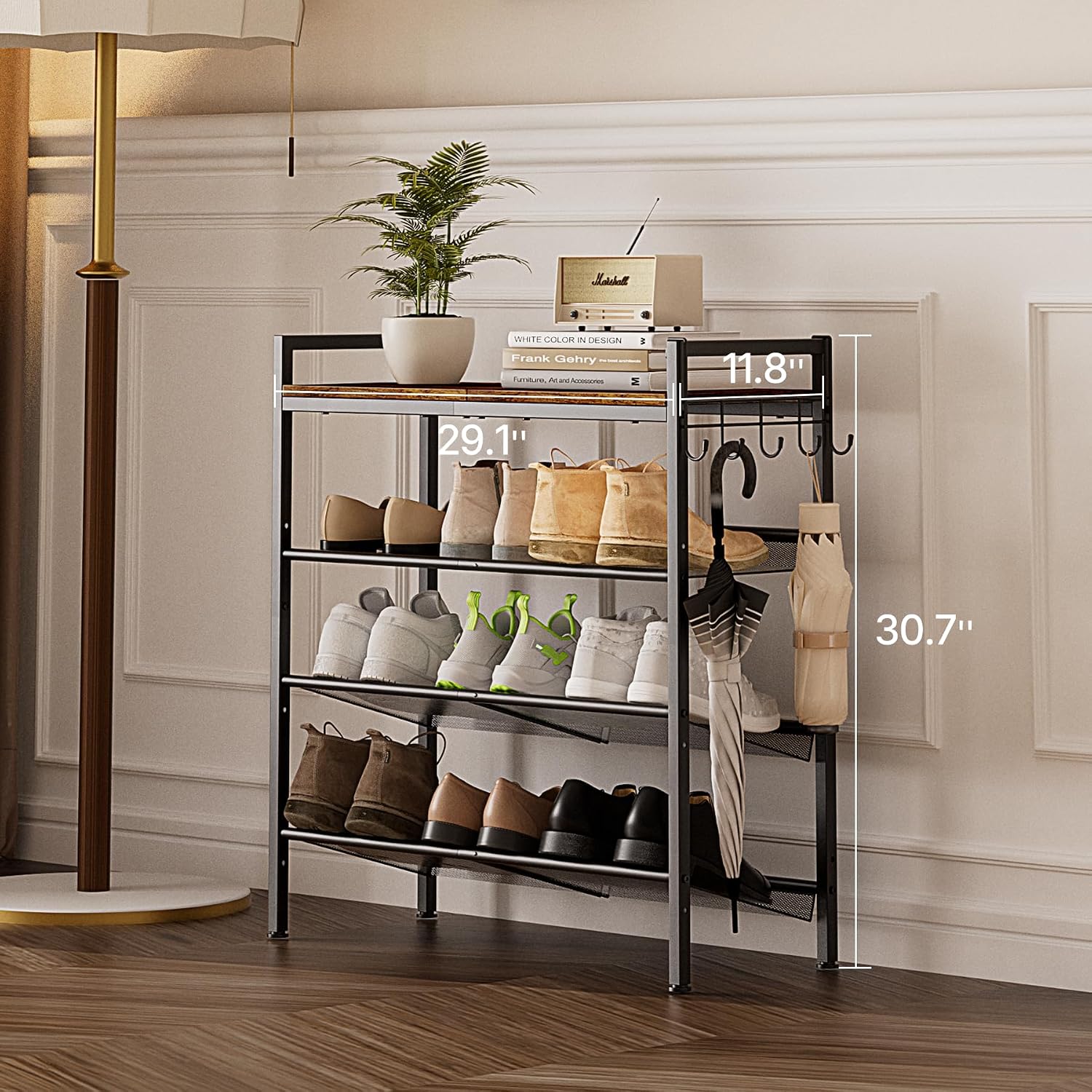 4-Tier Shoe Rack with Adjustable Mesh Shelves and Side Hooks