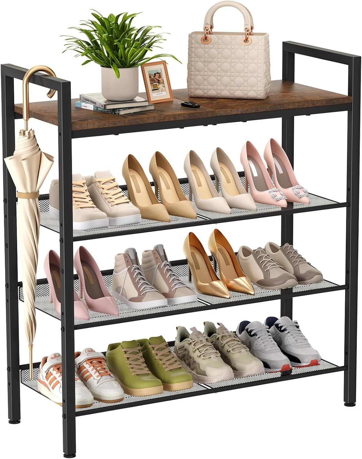 Heavy-Duty 4-Tier Shoe Rack with Table Top, Holds 12 Pairs