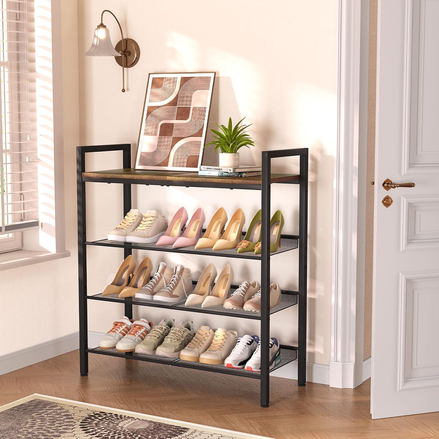 Heavy-Duty 4-Tier Shoe Rack with Table Top, Holds 12 Pairs