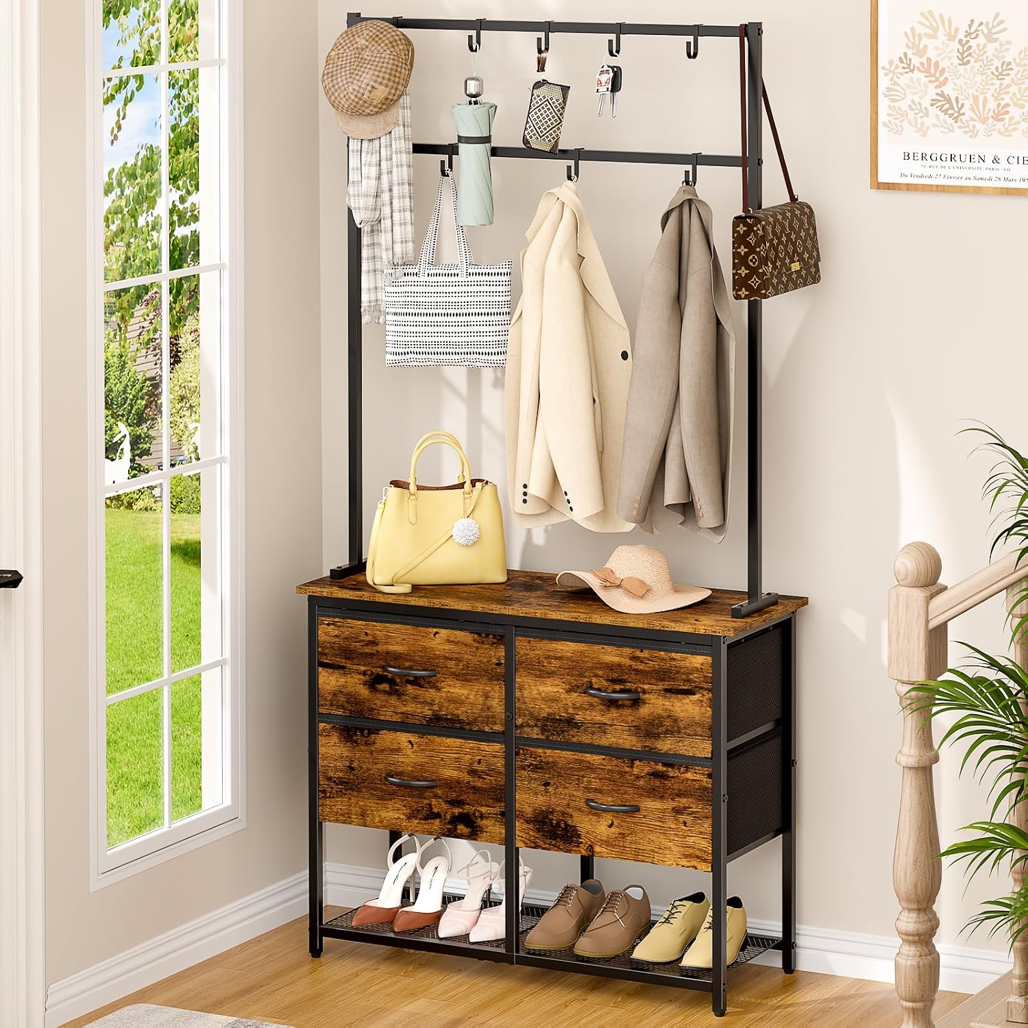 Hall Tree with Shoe Bench, Drawers and 8 Removable Hooks, 31.5 in - Rustic Brown and Black