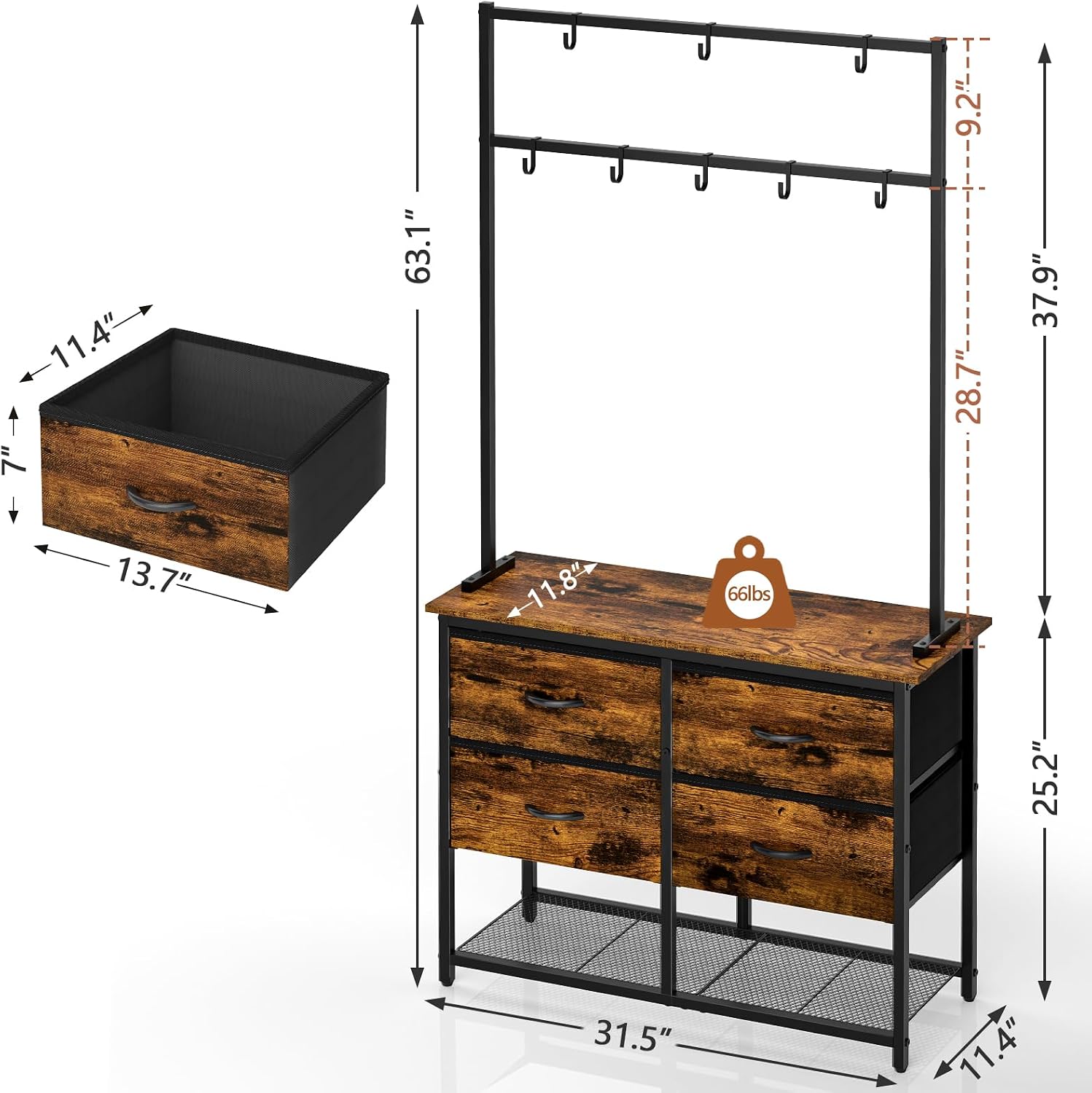 Hall Tree with Shoe Bench, Drawers and 8 Removable Hooks, 31.5 in - Rustic Brown and Black