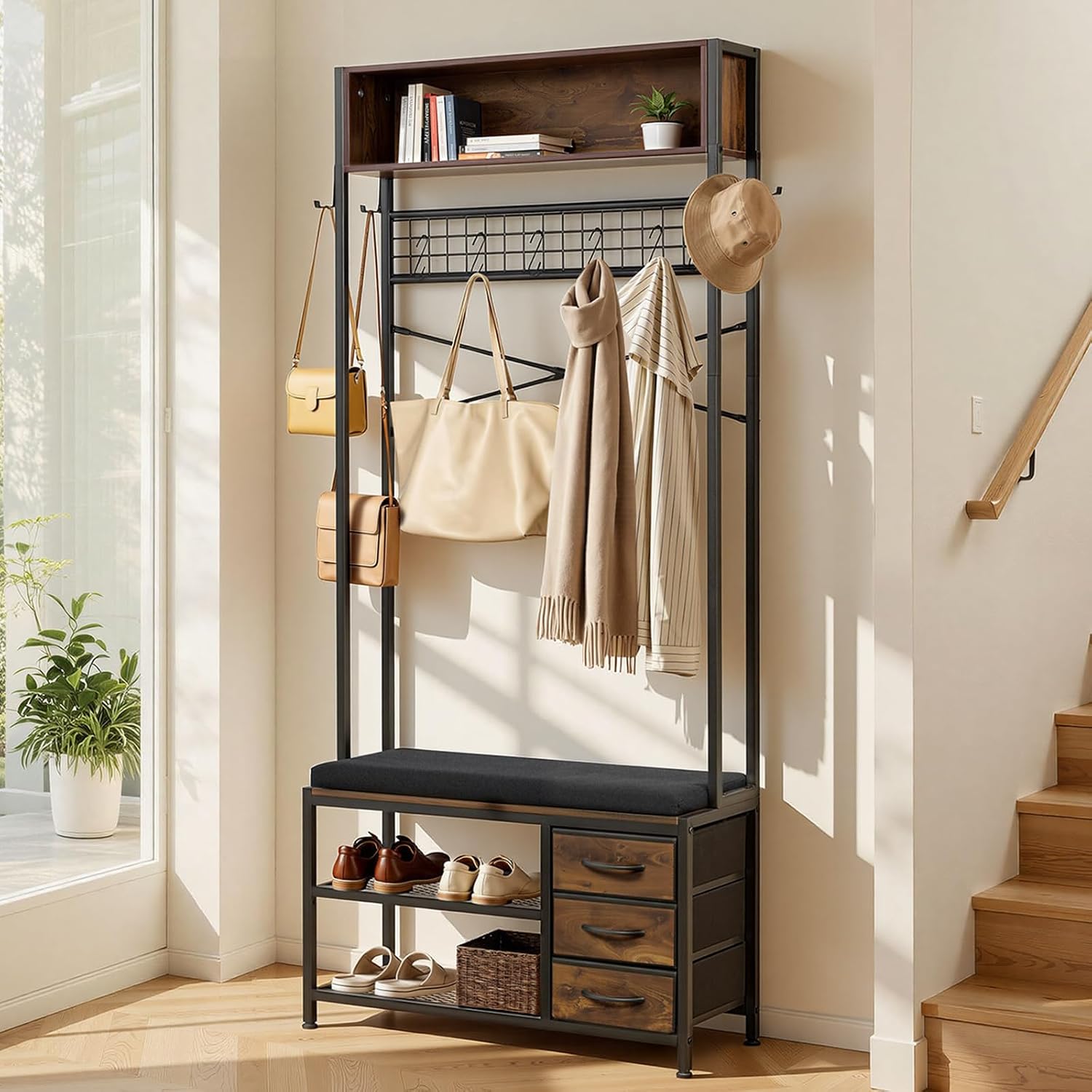 Hall Tree with Cushioned Bench, 3 Drawers, 3 Cubbies and 7 Hooks