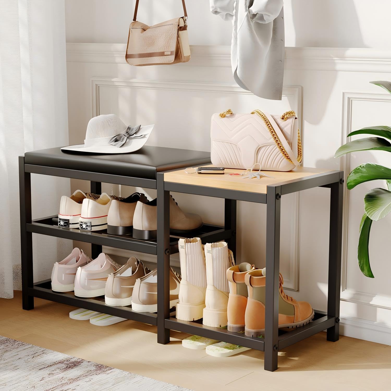 Shoe Bench with Under-Rack and Padded Seat, Rated to 570 lb
