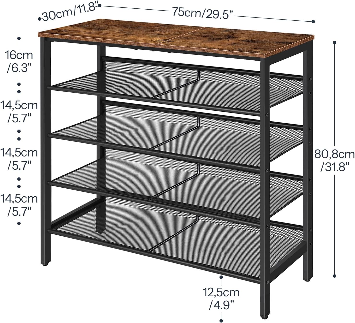 5-Tier Shoe Organiser with Adjustable Mesh Shelves, 16-20 Pairs - Rustic Brown