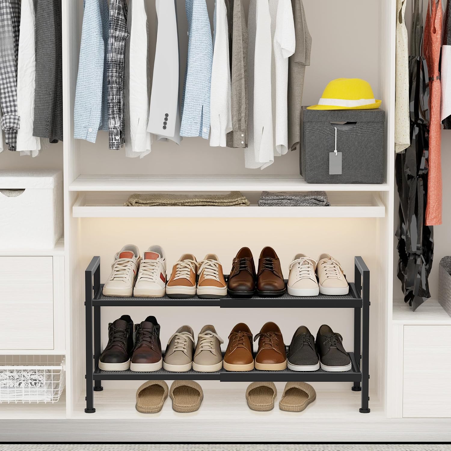 Expandable 2-Tier Shoe Rack, Adjustable 17 to 30 in - Black Mesh