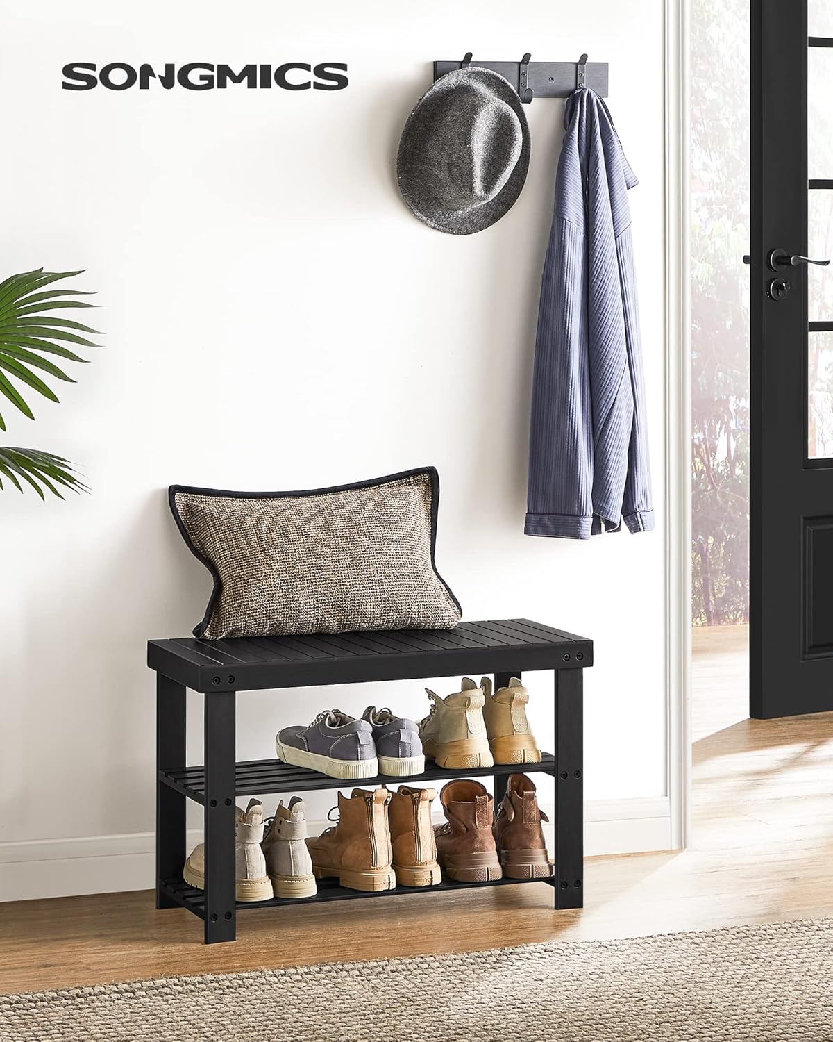 Bamboo Shoe Bench, 3 Tier - 27.6 x 11.3 x 17.8 in, Holds up to 286 lb, Ink Black