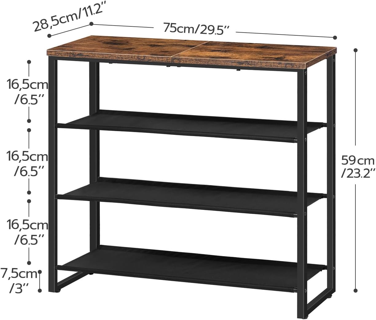 4-Tier Shoe Rack with 3 Fabric Shelves and Top Panel, 12-16 Pairs - Rustic Brown
