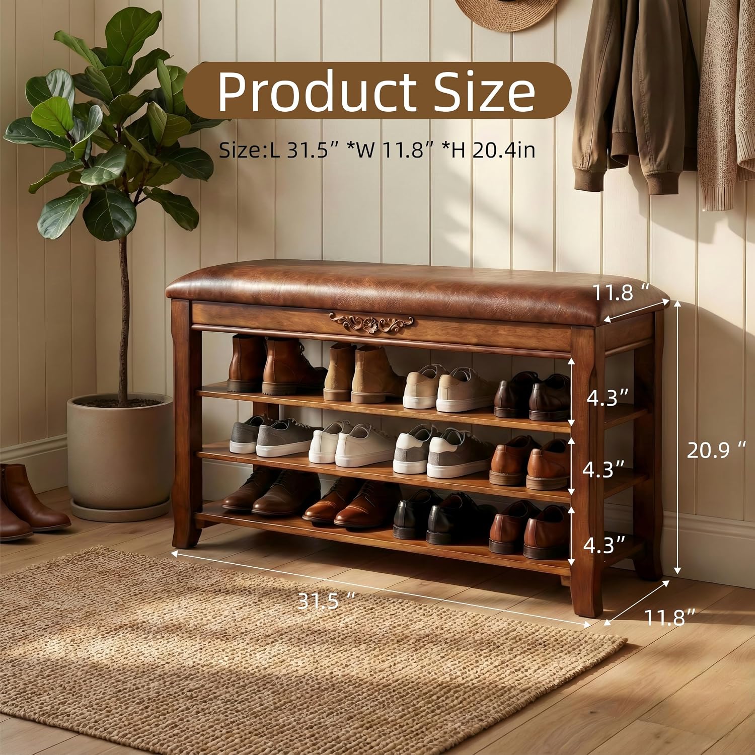 Shoe Storage Bench with Leather Cushion, 31.5 in - 3 Removable Adjustable Shelves