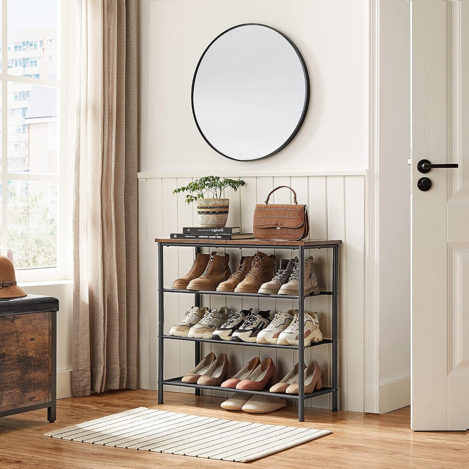 4-Tier Shoe Rack with 3 Fabric Shelves, Steel Frame, 9-12 Pairs - Rustic Brown and Black