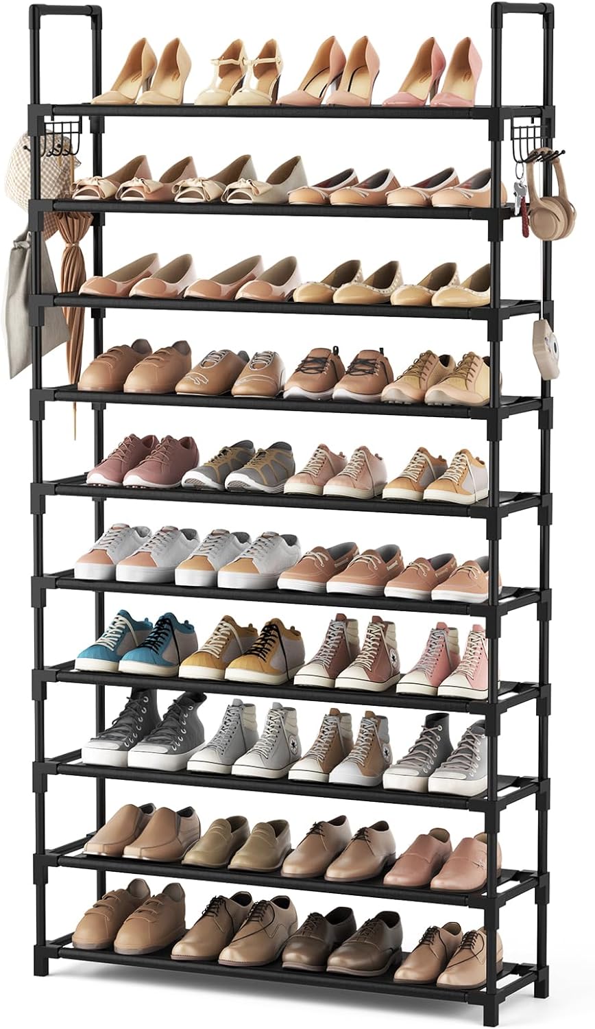 10-Tier Tall Shoe Rack with 2 Hooks - Large Capacity Vertical Organiser