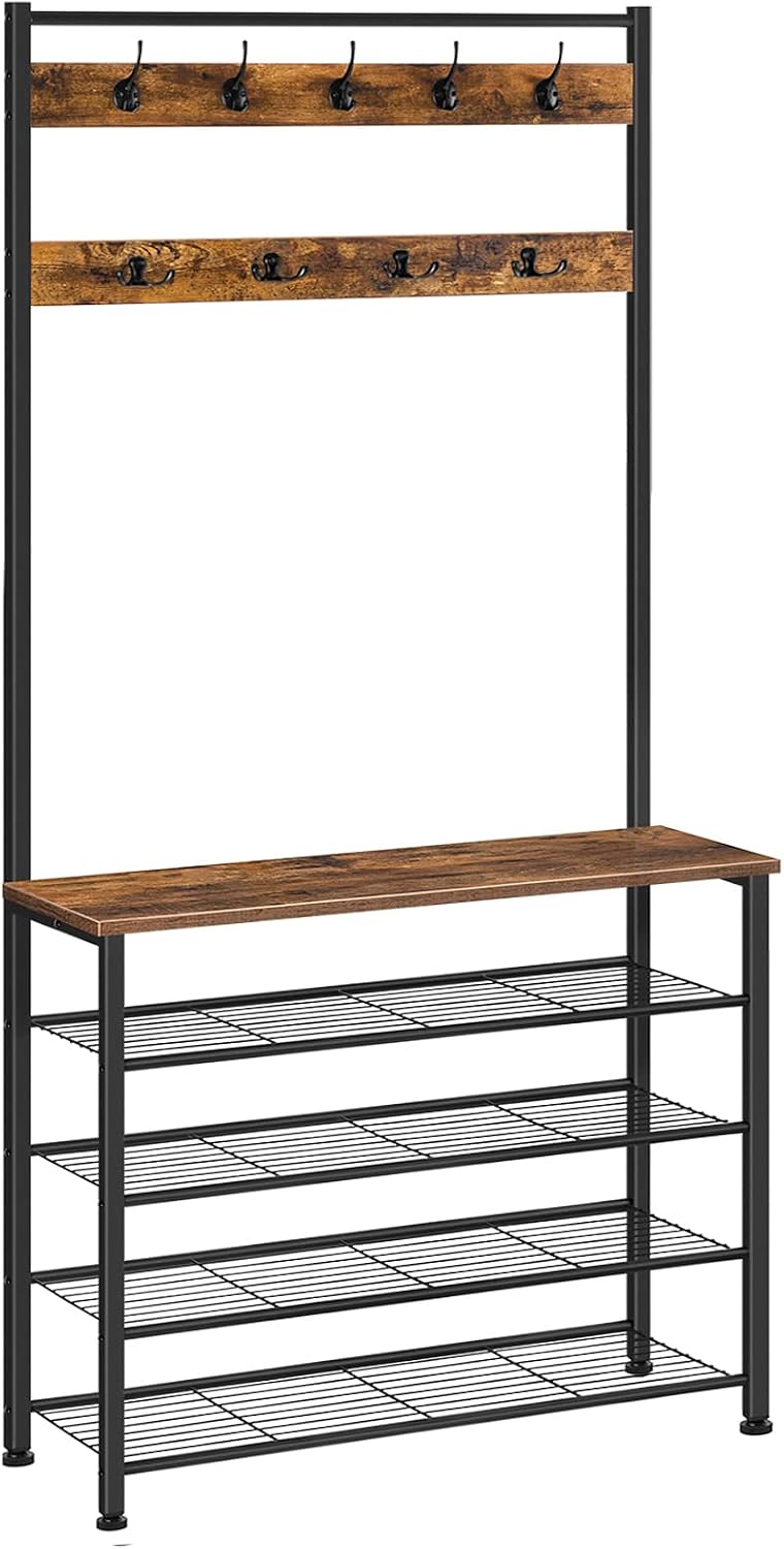 Hall Tree with Bench and 5-Tier Shoe Storage, 9 Hooks - Rustic Brown and Black