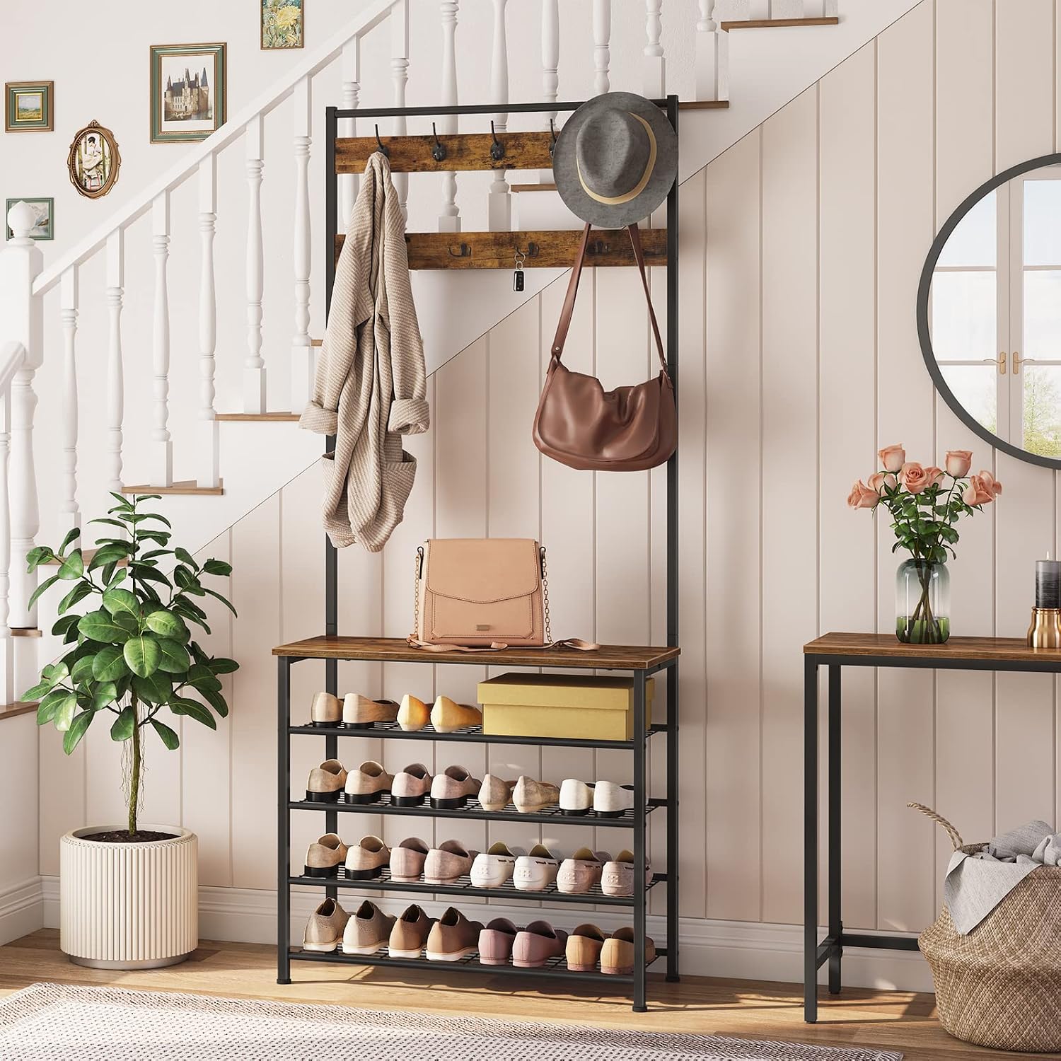Hall Tree with Bench and 5-Tier Shoe Storage, 9 Hooks - Rustic Brown and Black