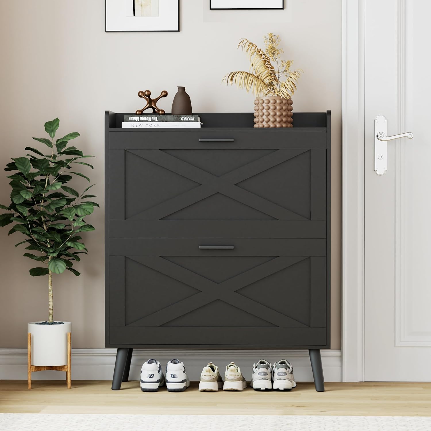 Farmhouse Shoe Cabinet with Flip Drawers and Barn Door, Slim - Black