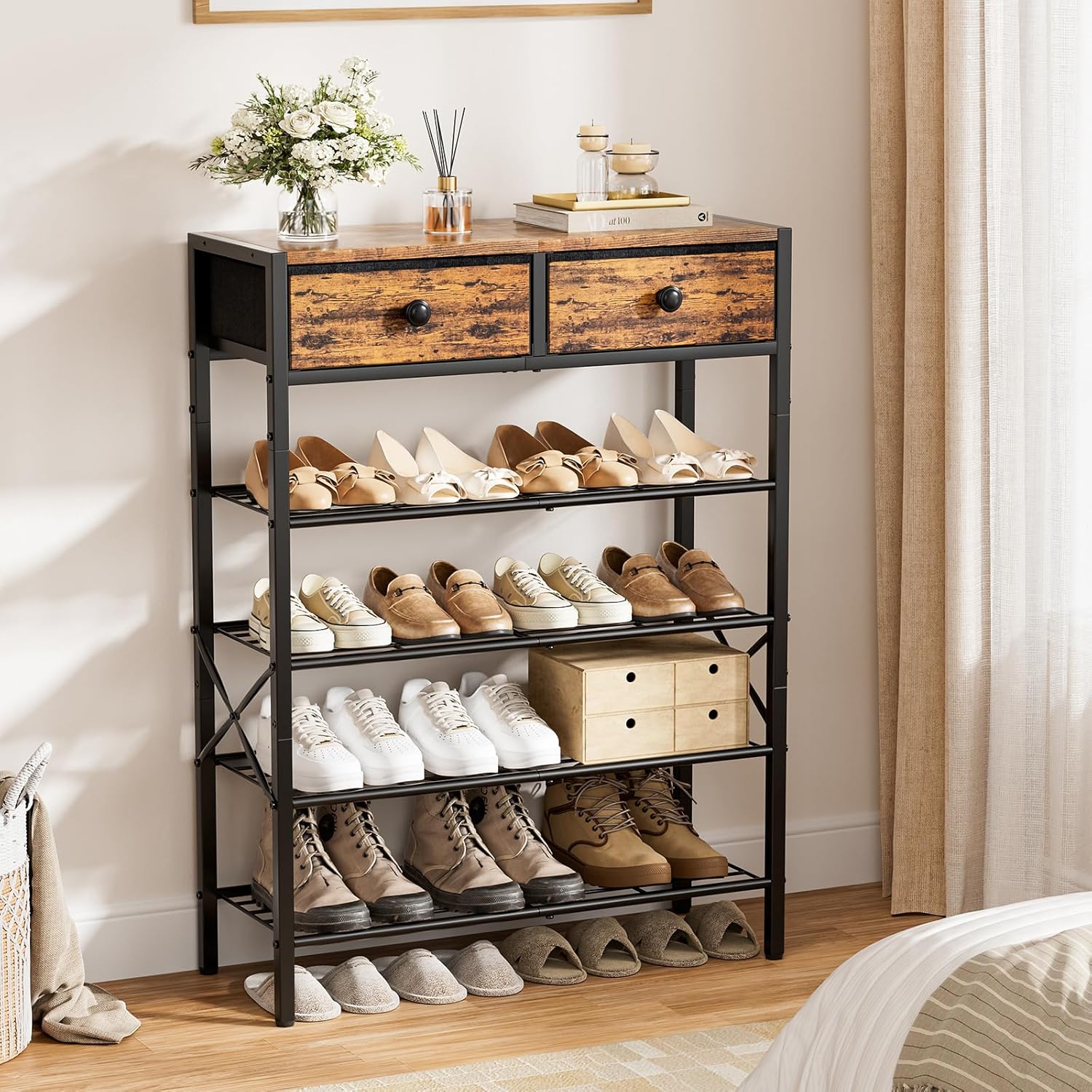 5-Tier Shoe Rack with 2 Drawers, 27.6 x 10.8 x 37.8 in, 16-20 Pairs - Rustic Brown