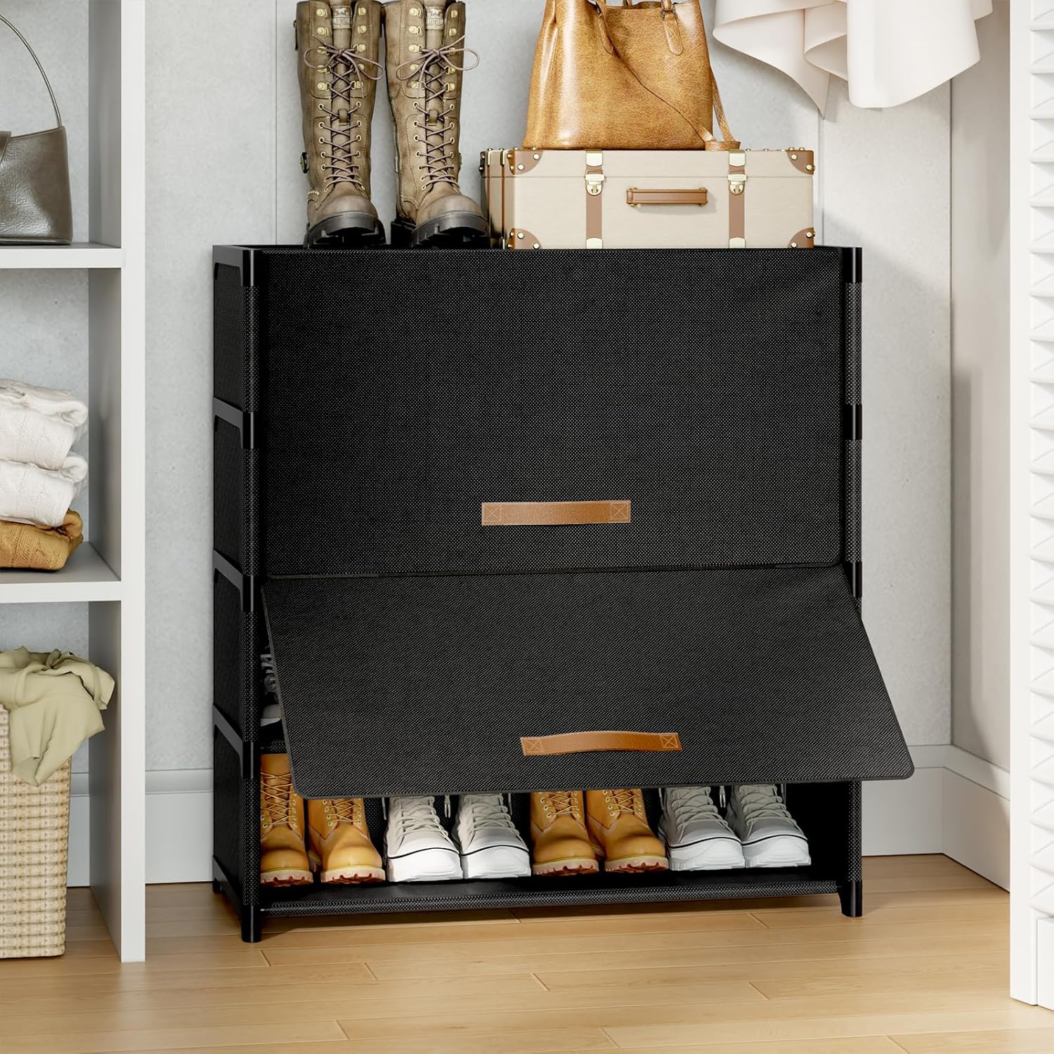 5-Tier Shoe Cabinet with Door, 20 Pairs - 27.56 x 11.8 x 28.42 in, Black