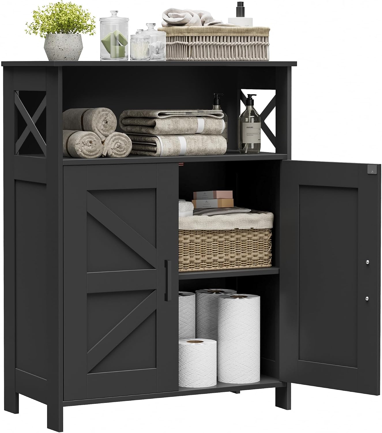 Farmhouse Bathroom Floor Cabinet with Doors, 24 in Wide - Black