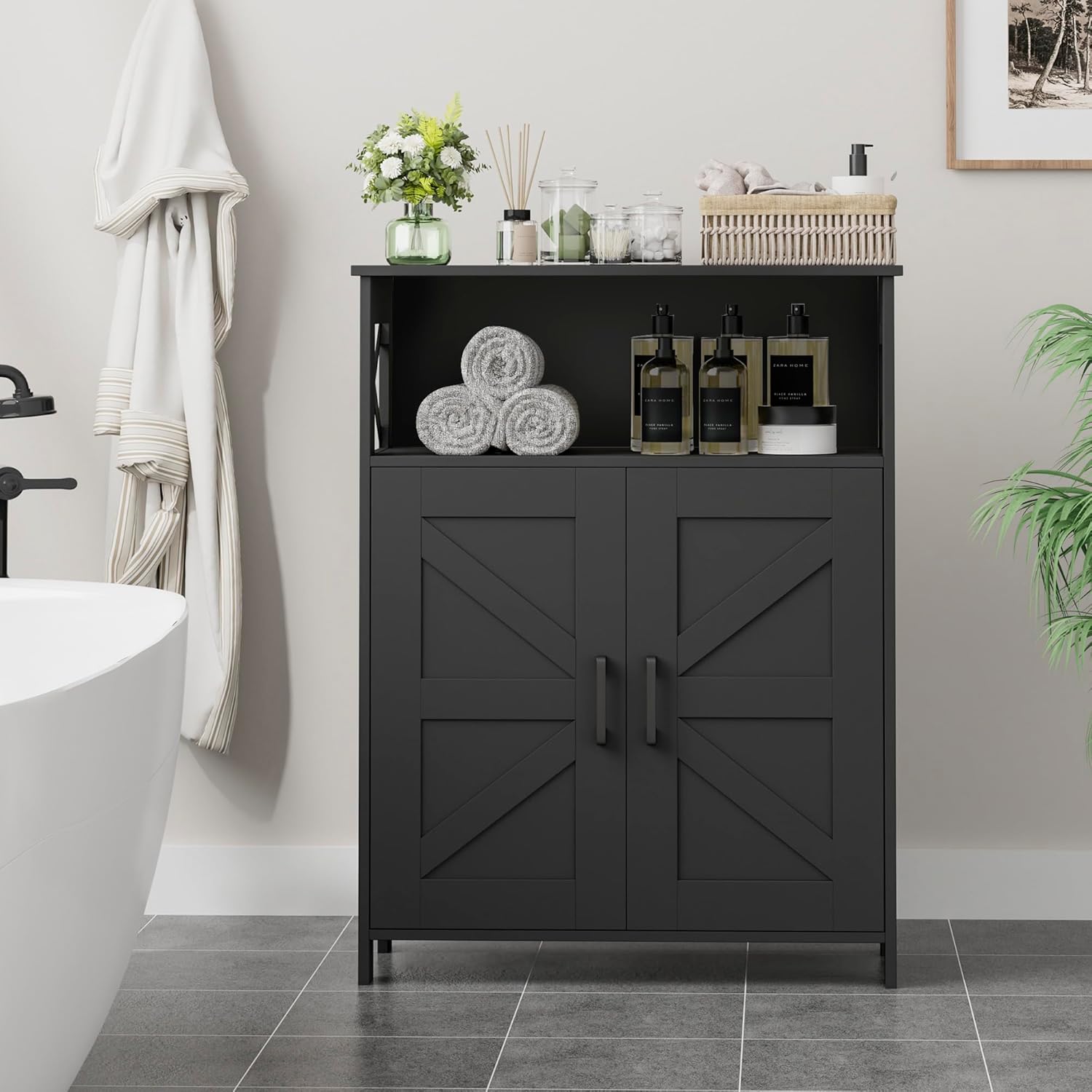 Farmhouse Bathroom Floor Cabinet with Doors, 24 in Wide - Black