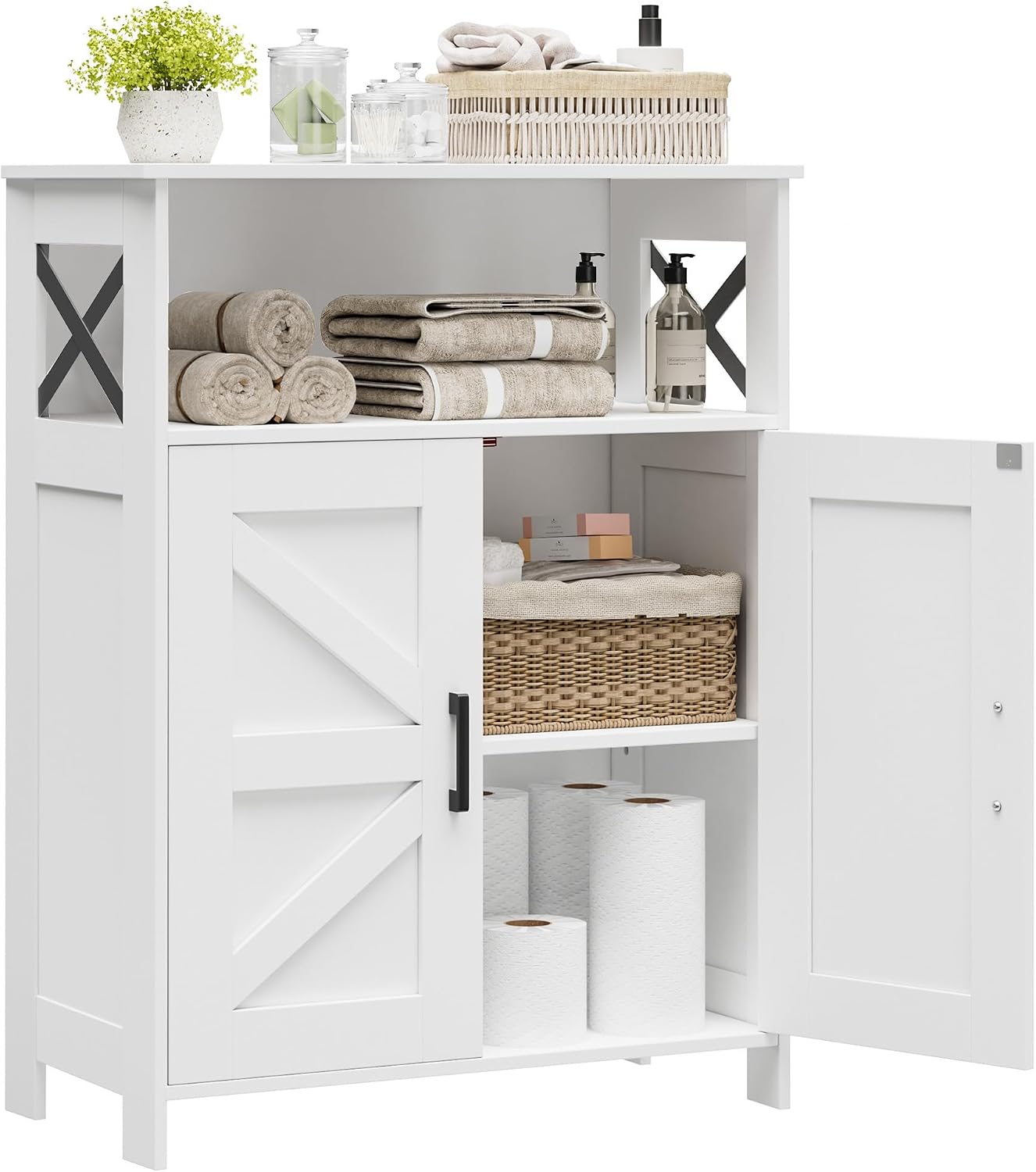 Farmhouse Bathroom Floor Cabinet with Doors, 24 in Wide - White