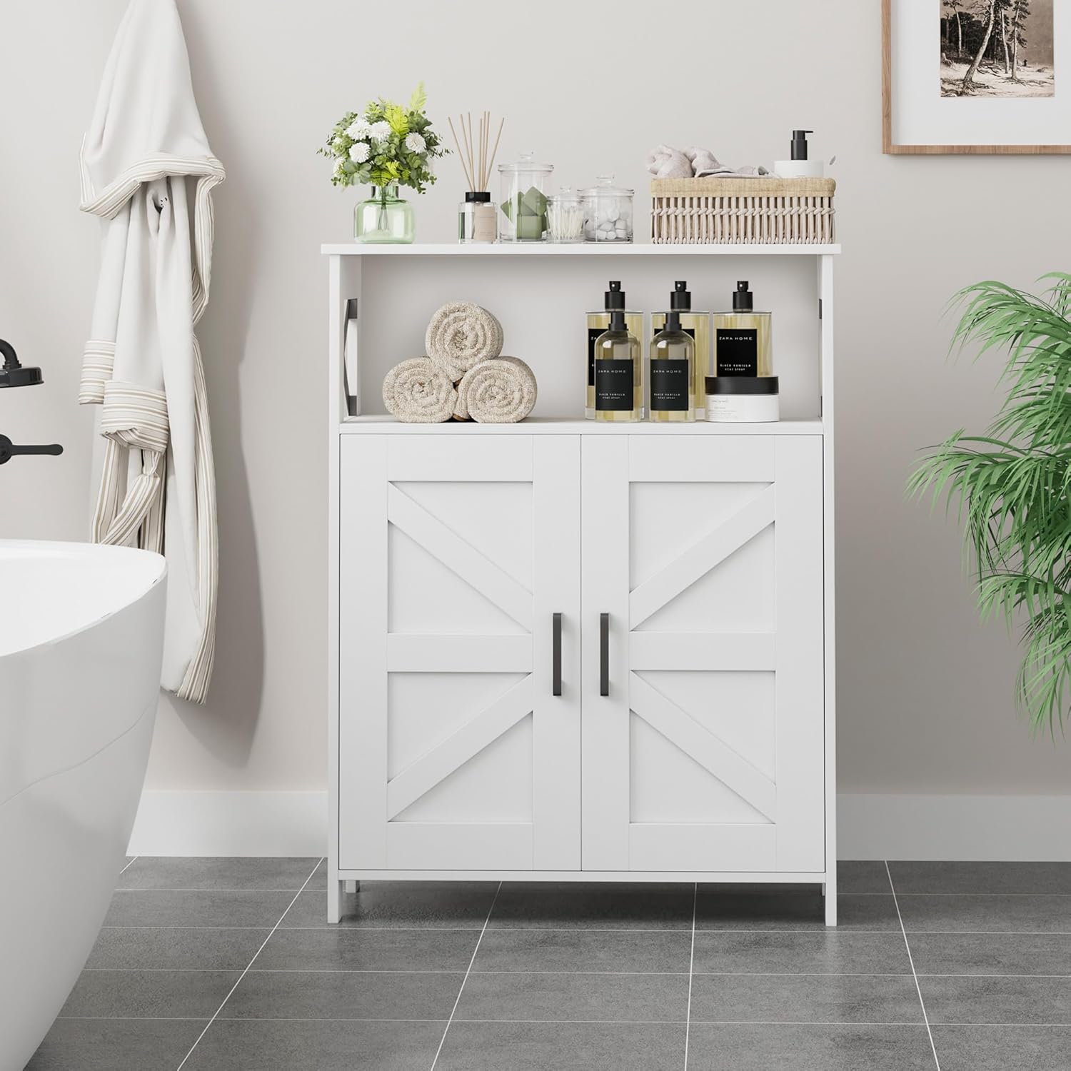 Farmhouse Bathroom Floor Cabinet with Doors, 24 in Wide - White