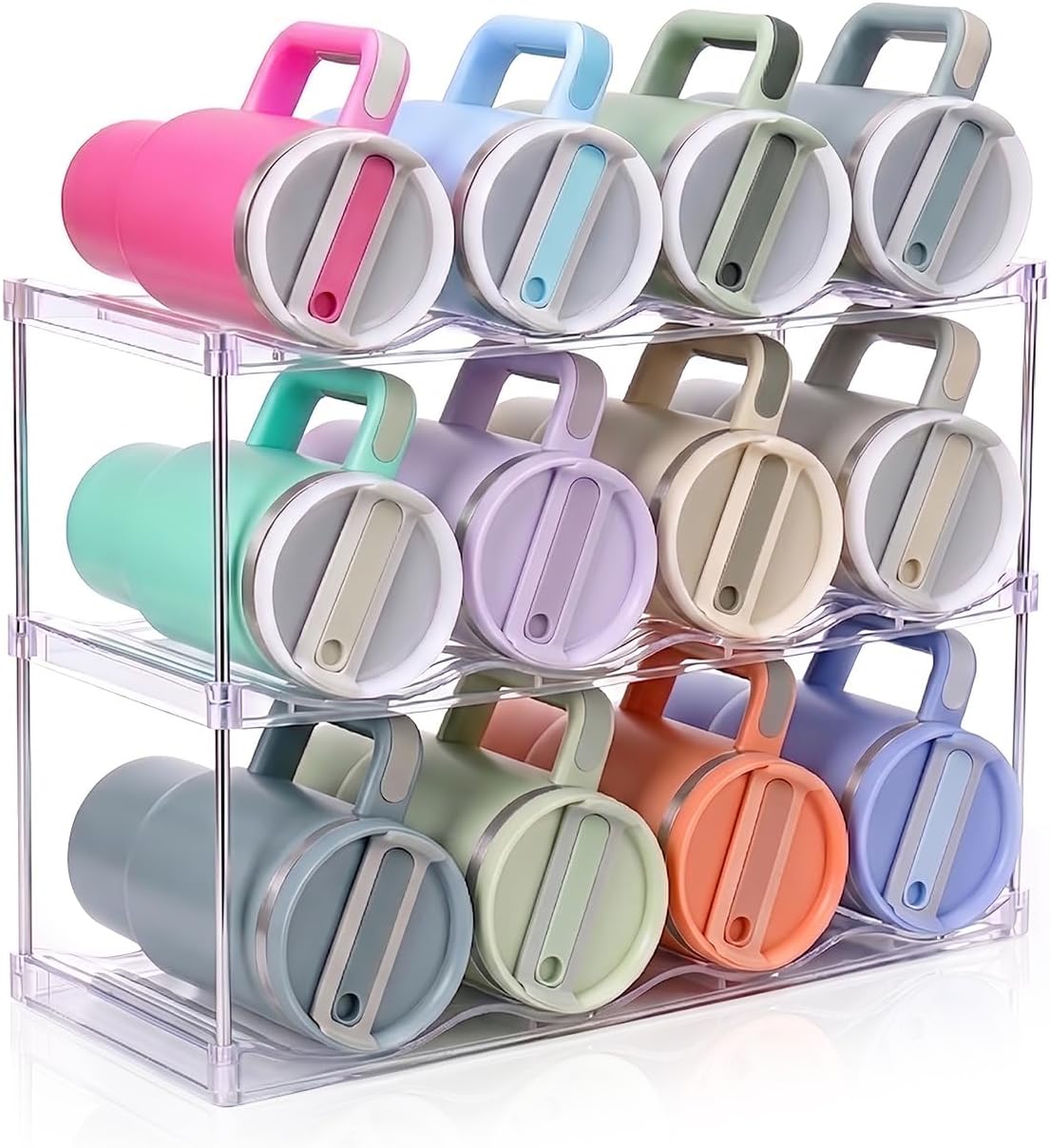Stackable Water Bottle and Tumbler Organiser, Large Compartments - 3 Pack, Clear