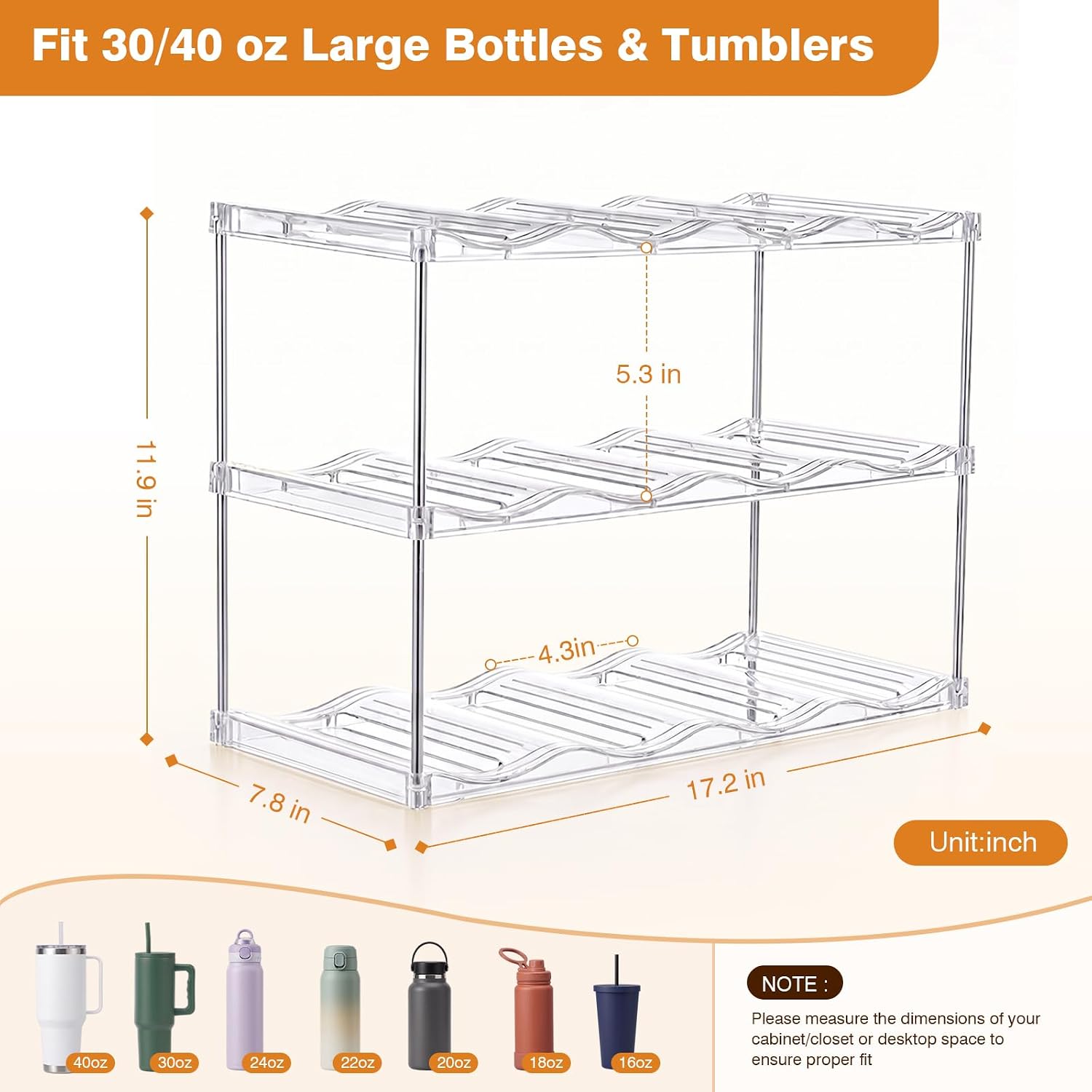 Stackable Water Bottle and Tumbler Organiser, Large Compartments - 3 Pack, Clear