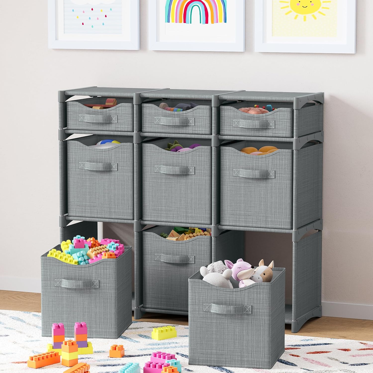 Cube Storage Organiser with 9 Fabric Bins Included - Grey