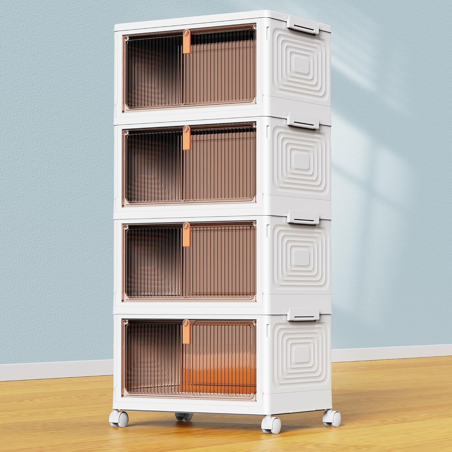 Stackable Storage Bins with Lids and Wheels, 23 qt - 4 Tier, Folding